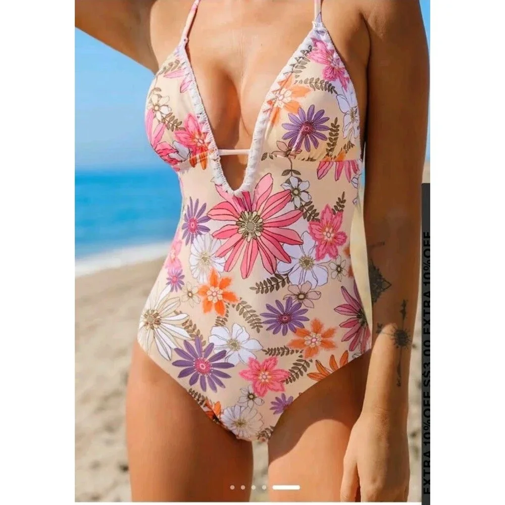 Cupshe Dahlia Daisy Halter One Piece Swimsuit Plunging Neckline M Retro Floral